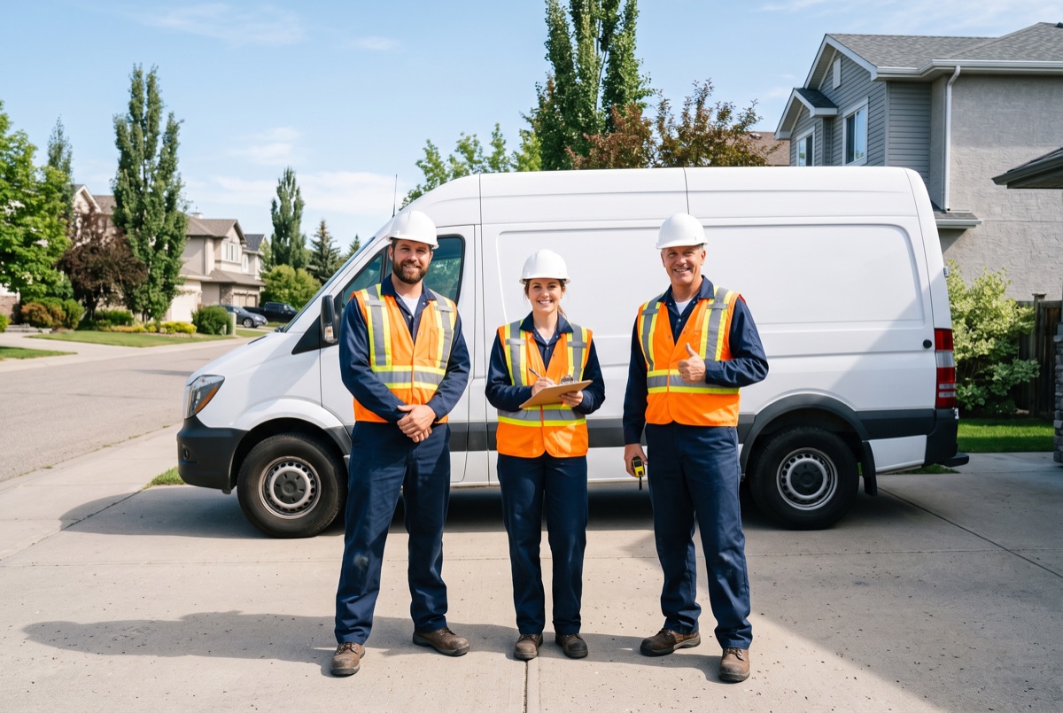 The Waterproofing Pros Calgary team in front of a work van in a Calgary neighbourhood